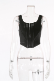 Black Sexy Solid Patchwork Square Collar Tops