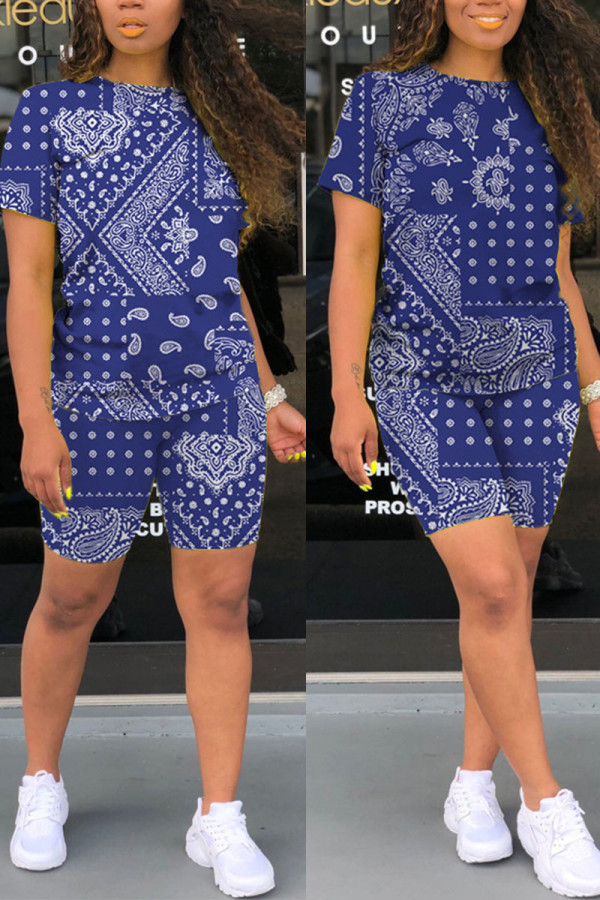Deep Blue Living Print O Neck Long Sleeve Two Pieces