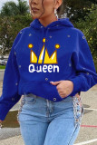Royal Blue Fashion Casual Print Basic Hooded Collar Tops