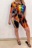 Black Fashion Casual Print Tie Dye Two Piece Suits Straight Short Sleeve Two Pieces