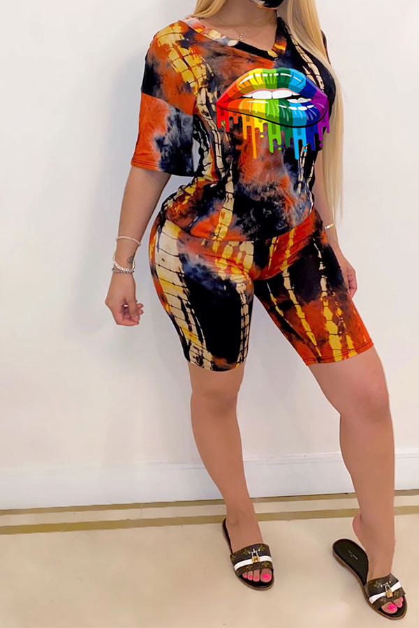 Orange Fashion Casual Print Tie Dye Two Piece Suits Straight Short Sleeve Two Pieces