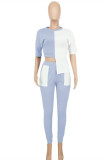 Light Blue Fashion Casual Patchwork Asymmetrical O Neck Short Sleeve Two Pieces