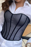 Black Sweet Patchwork See-through Backless Mesh Strapless Mid Waist Tops