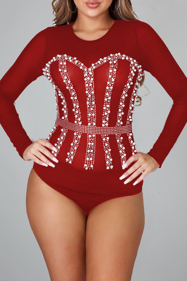 Red Fashion Sexy Patchwork See-through Hot Drill O Neck Skinny Romper