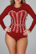 Red Fashion Sexy Patchwork See-through Hot Drill O Neck Skinny Romper