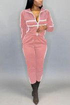 Pink Casual Sportswear Polyester Cotton Blends Striped Patchwork Print Solid Split Joint Zipper Collar Long Sleeve Regular Sleeve Regular Two Pieces