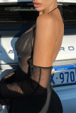 Black Fashion Sexy Patchwork Solid See-through Backless Halter Tops