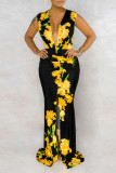 Black yellow Sexy Long Sleeves V Neck pleated Floor-Length Print Patchwork Dresses