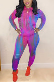 Orange Fashion Casual Print Tie Dye Ripped Hooded Collar Long Sleeve Two Pieces