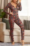 multicolor Sexy Living Polyester Knitting National Totem Print Buttons U Neck Skinny Jumpsuits