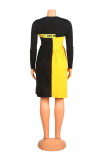 Yellow Casual Print Letter O Neck Pleated Dresses