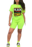 Fluorescent green Polyester Fashion adult Street Letter Patchwork Print Two Piece Suits Straight Short Sleeve Two Pieces