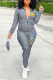 Grey Fashion Casual Print Letter Hooded Collar Long Sleeve Two Pieces（With Mask)