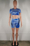 Blue venetian Fashion Casual adult Ma'am Print backless Two Piece Suits pencil Short Sleeve Two Pieces