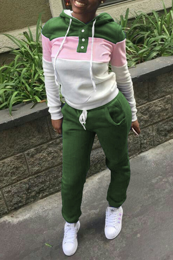 Green Fashion Casual Patchwork Basic Hooded Collar Long Sleeve Two Pieces