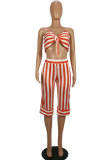 Orange Elastic Fly Mid Striped Loose Pants Two-piece suit