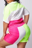 Pink Polyester Fashion Casual adult Ma'am Turndown Collar Patchwork Two Piece Suits Stitching Plus Size