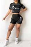 Rose Red Fashion Casual Letter Print Basic O Neck Short Sleeve Two Pieces