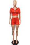 Red Casual Split Joint Hooded Collar Short Sleeve Two Pieces