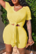 Yellow Casual Solid High Opening V Neck Short Sleeve Two Pieces