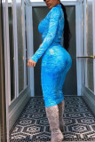 Blue Fashion adult Ma'am Street Cap Sleeve Long Sleeves O neck Pencil Dress Knee-Length Print Dresses