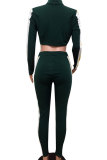 Dark green Elastic Fly Mid Patchwork pencil Pants Two-piece suit