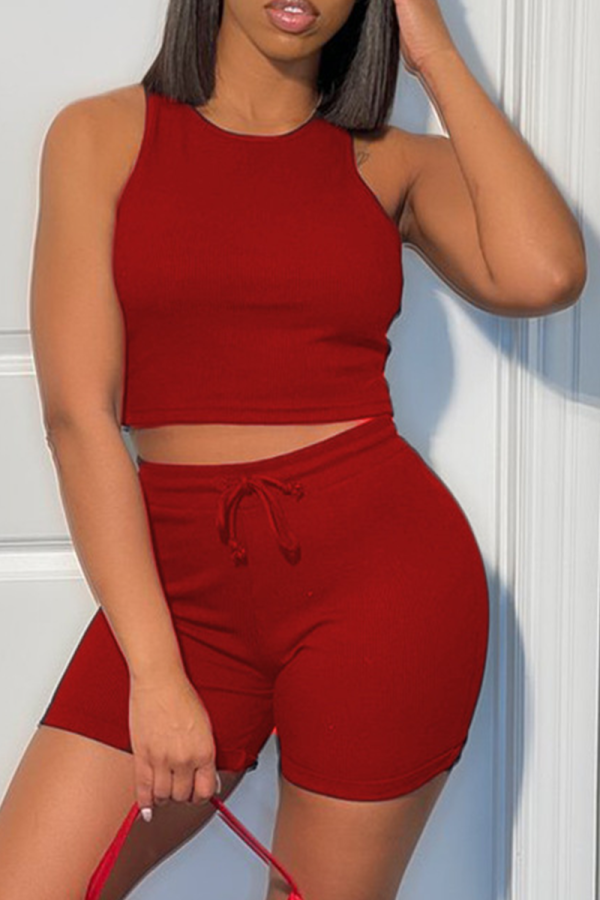 Burgundy Sexy Solid Patchwork U Neck Sleeveless Two Pieces