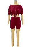 rose red Fashion Casual adult Patchwork Solid Bandage asymmetrical Two Piece Suits Straight Short Sleeve Two Pieces