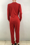Red street Solid Patchwork Polyester Long Sleeve V Neck Jumpsuits