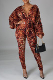 Leopard Print Fashion Sexy Leopard Backless V Neck Regular Jumpsuits