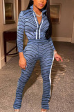 Blue Fashion adult Ma'am Lightly cooked Patchwork Print Two Piece Suits Straight Long Sleeve Two Pieces