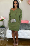 Khaki Polyester Sexy Cap Sleeve Long Sleeves V Neck Swagger Knee-Length Solid Long Sleeve Dresses