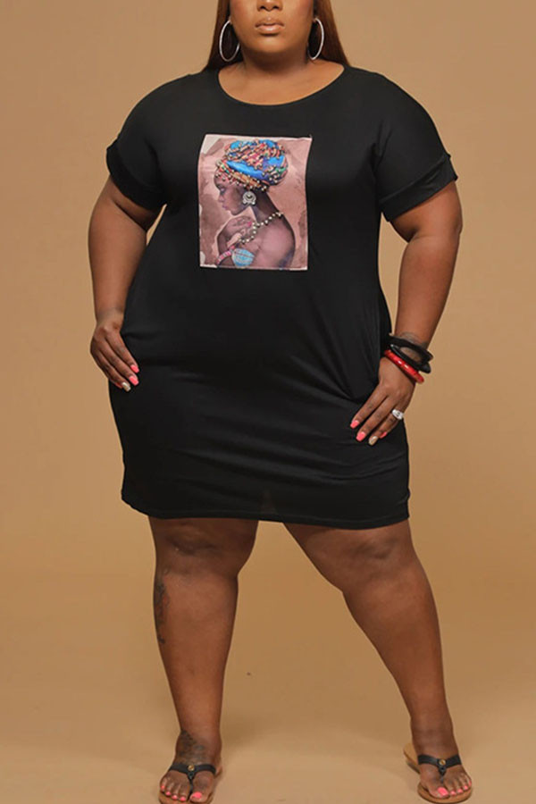 Black Fashion Sexy adult Ma'am O Neck Print Pattern Plus Size