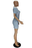 Sky Blue Fashion Casual Striped Print Basic V Neck Short Sleeve Dress