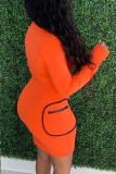 Orange Sexy Zipper Split Joint O Neck Pencil Skirt Dresses