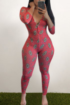 watermelon red Polyester Fashion Sexy adult Ma'am O Neck Print Character Pattern Plus Size