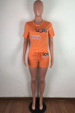 Orange Fashion Casual Patchwork Print pencil Short Sleeve Two Pieces