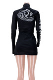 Black Sexy Print Slit Half A Turtleneck Dresses