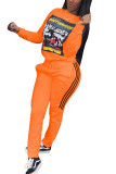 Orange Fashion Casual Adult Polyester Print Split Joint O Neck Long Sleeve Regular Sleeve Regular Two Pieces