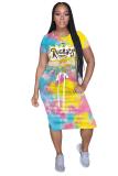 Yellow Fashion Casual adult White Blue Green Pink Yellow Multi-color multicolor Cap Sleeve Short Sleeves O neck A-Line Mid-Calf Print Patchwork Ombre bandage Dresses
