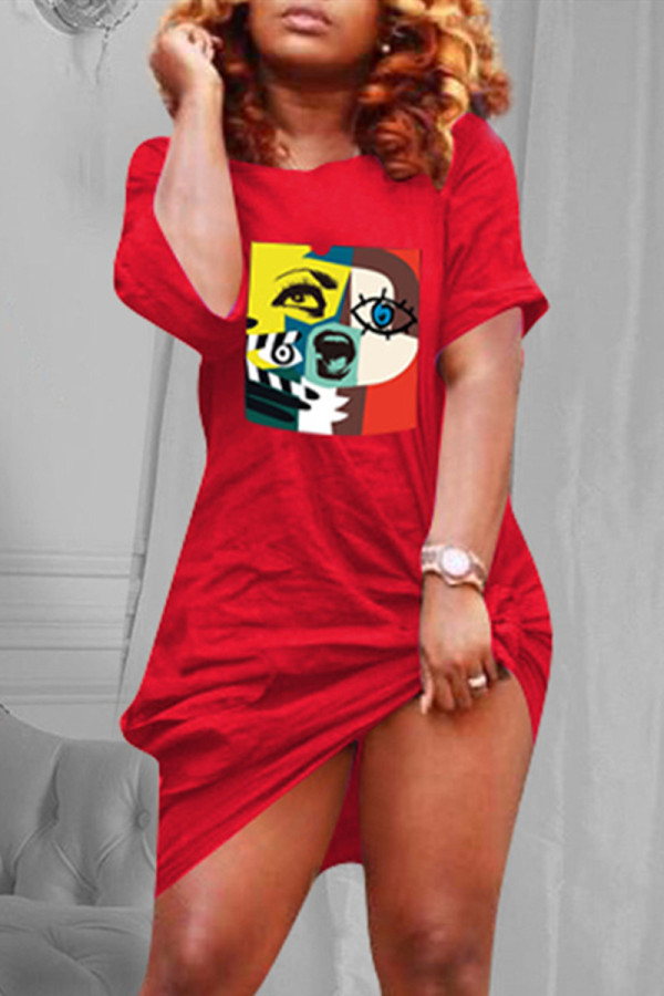 Red Fashion Casual Print Basic O Neck Short Sleeve Dress