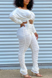 White Fashion British Style Adult Polyester Solid Draw String Fold O Neck Long Sleeve Regular Sleeve Short Two Pieces