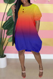 Red Fashion Casual Gradual Change Print Basic O Neck Short Sleeve Dress