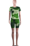 Green Polyester Fashion Active adult Ma'am Patchwork Print Camouflage Two Piece Suits Straight Short Sleeve Two Pieces