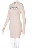 Apricot Fashion Casual Letter Print Asymmetrical Turtleneck Long Sleeve Dresses
