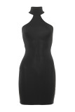 Black Sexy Solid Bandage Patchwork Frenulum Backless Halter Off The Shoulder Dresses Dresses