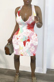 Rose Red Fashion Sexy Print Basic V Neck Pencil Dresses