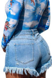 Blue Denim Button Fly Sleeveless Mid Patchwork Solid Tassel Old Straight Pants Bottoms