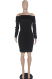 Black Sexy Off The Shoulder Long Sleeves One word collar Pencil Dress Knee-Length Patchwork Soli