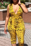 Yellow Sexy Print Bandage Patchwork V Neck Skinny Rompers